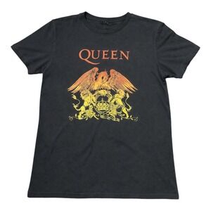 Queen Band Crest Graphic Tee Black Orange Yellow Short Sleeve T-Shirt Womens